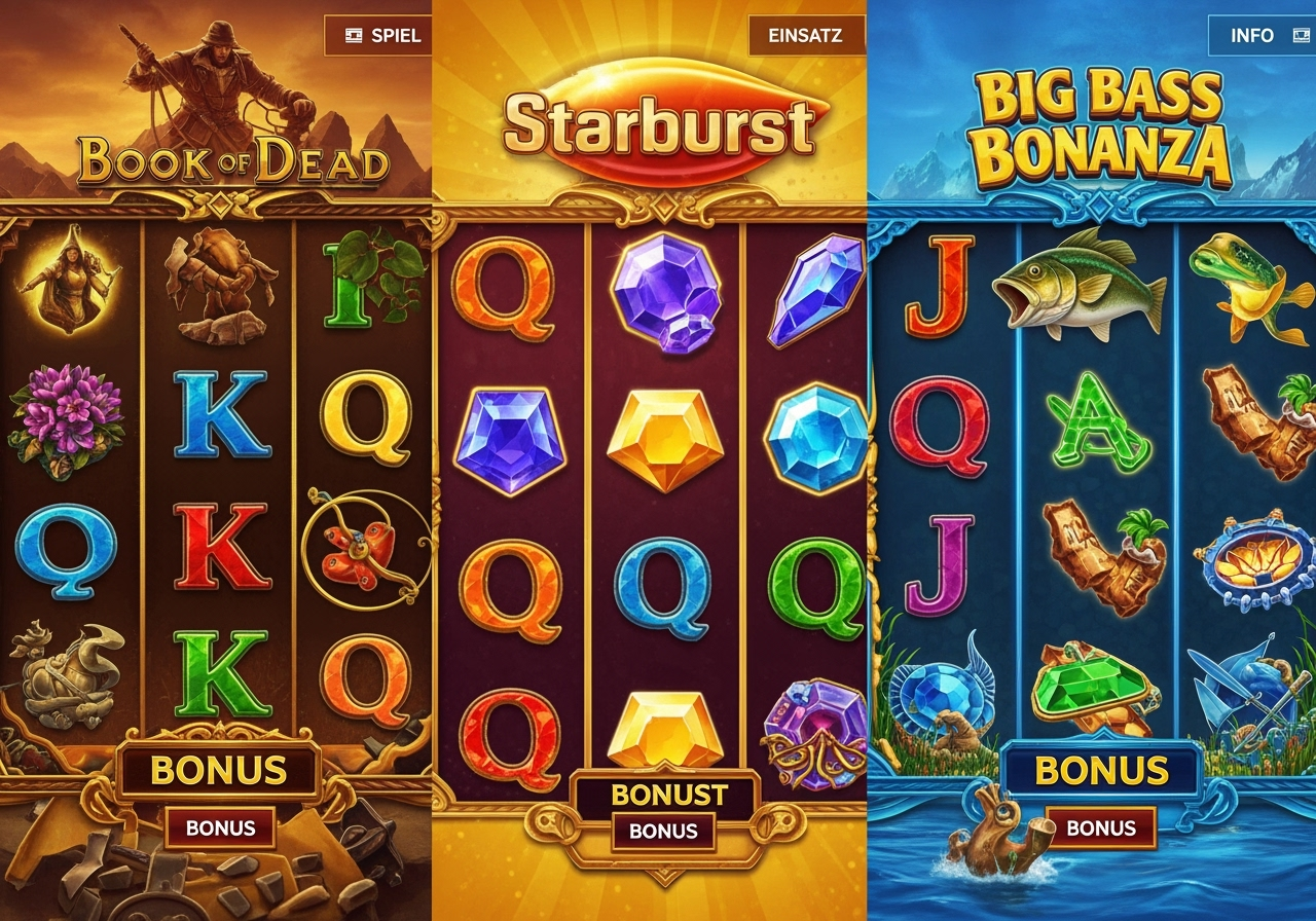 A bright, high-resolution collage showing three 5-reel slot game reel panels side-by-side: Book of Dead (adventure theme) left, Starburst (jewel theme) center, Big Bass Bonanza (fishing theme) right. Each panel shows visible symbols on the reels, a small paytable snippet and a highlighted bonus icon. Clean neutral background, vibrant colors, crisp details, and small German UI labels visible: "SPIEL", "EINSATZ", "INFO". Focus on game artwork and reels rather than full website UI