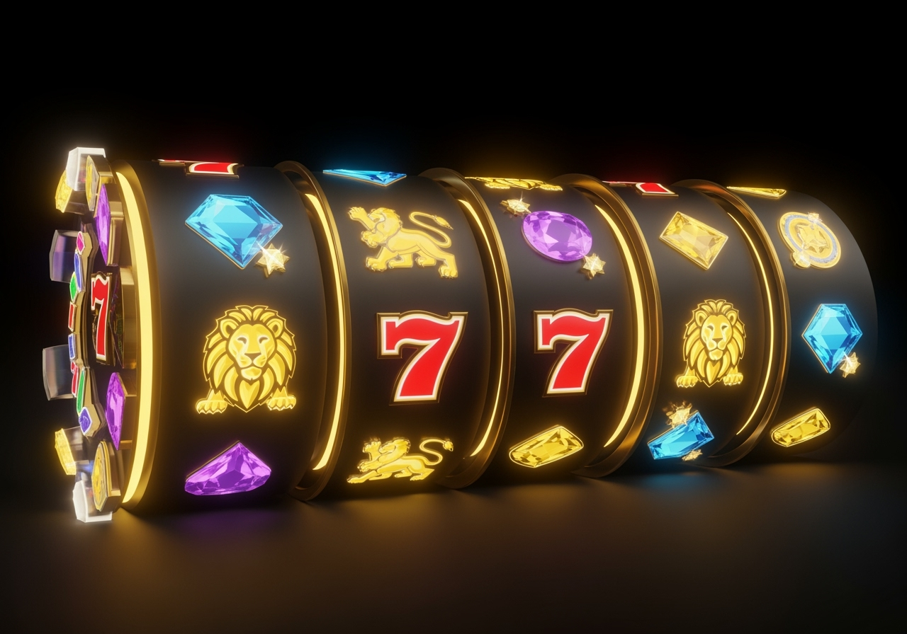 An artistic and dynamic 3D rendering of a slot machines spinning reels in motion Abstract glowing symbols like golden lions vibrant gems and classic sevens blur into streaks of light against a dark dramatic background The feeling is one of excitement and a premium gaming experience with gold and neon accents creating a visually stunning effect