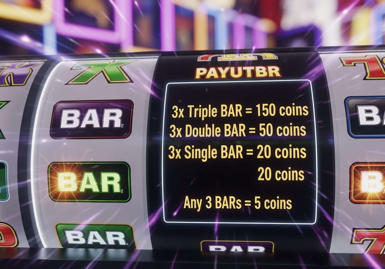 A brightly lit, dynamic close-up of a digital slot machine screen. The central focus is a paytable displayed next to the reels. The paytable clearly shows payout values for combinations of single, double, and triple BAR symbols. For example, '3x Triple BAR = 150 coins', '3x Double BAR = 50 coins', '3x Single BAR = 20 coins', and 'Any 3 BARs = 5 coins'. The symbols on the visible reels should include a mix of these BAR icons, glowing with a winning aura. The background is a blur of casino lights, creating a vibrant and exciting atmosphere.