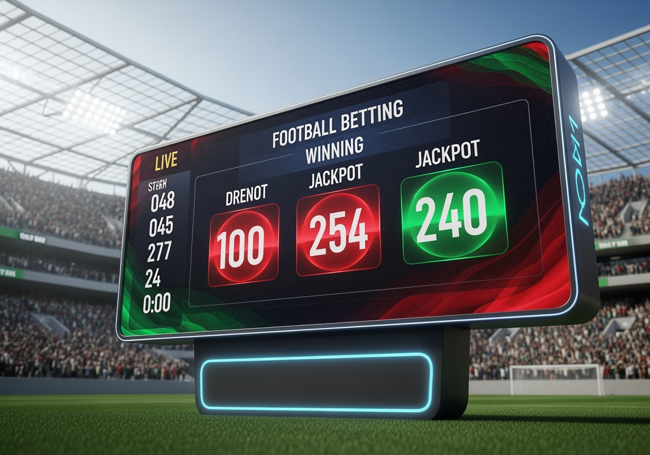 A vibrant digital display shows live sports betting odds for football overlaid with animated winning jackpot numbers In the background a cheering crowd in a modern stadium creates an atmosphere of excitement and success The imagery is clean and dynamic with subtle hints of Kenyan colors