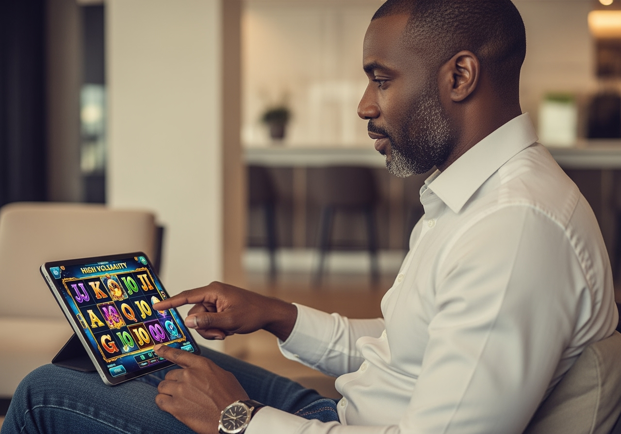 A focused person in their 30s exuding confidence strategically interacting with a digital slot game on a tablet The screen shows a vibrant highvolatility game interface with potential for large wins The background is a modern slightly blurred lounge setting emphasizing concentration and anticipation