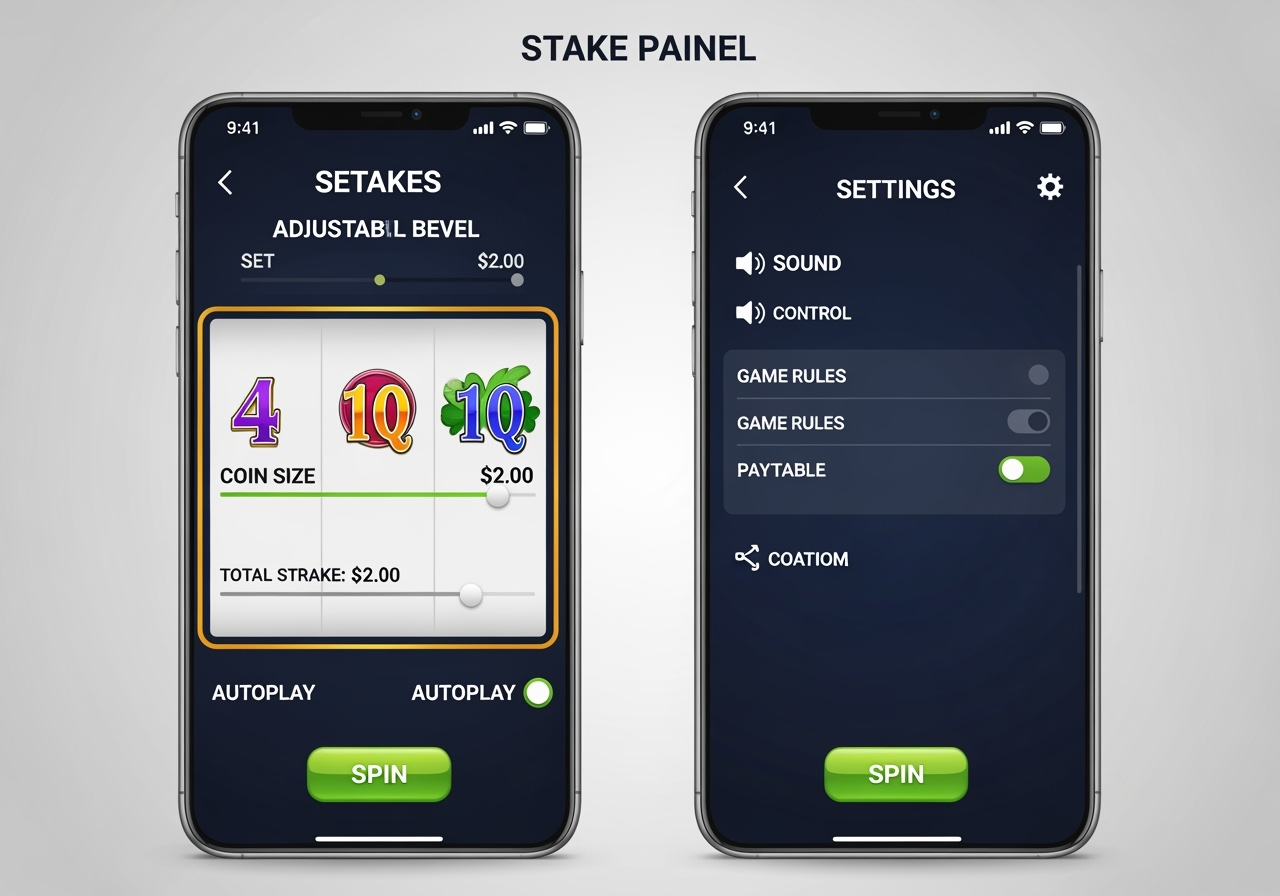A clean, generic slot game's stake panel and settings screen displayed on a neutral background. The panel shows adjustable bet levels, coin size slider, total stake label, autoplay toggle, and a prominent Spin button. No brand logos or casino names. Modern flat design, clear typography, mobile and desktop layout mockup, soft lighting, friendly positive vibe