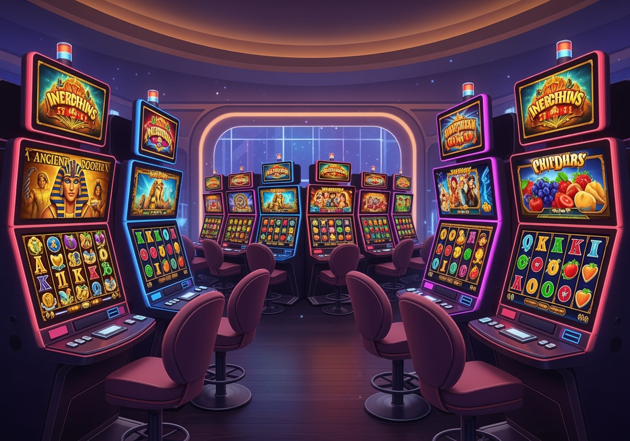A vibrant and engaging illustration of a slot machine lobby showing a variety of colorful slot game screens with different themes eg ancient Egypt fantasy fruit The screens are artfully arranged in a modern welllit casino interior with subtle glowing effects creating an exciting and welcoming atmosphere for players The focus is on the visual appeal of the games and the inviting environment without showing specific UI elements like buttons or menus