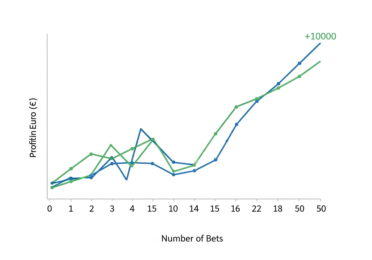 A clean and modern line graph chart illustrating the concept of longterm profit from a betting strategy The Xaxis is labeled Number of Bets and ranges from 0 to 50 The Yaxis is labeled Profit in Euros  The line starts at zero shows initial volatility by dipping below and rising above the zero line for the first 1520 bets but then establishes a clear and steady upward trend ending at a significant positive profit at bet number 50 The chart uses a professional color palette of blue and green against a white background to convey trustworthiness and growth