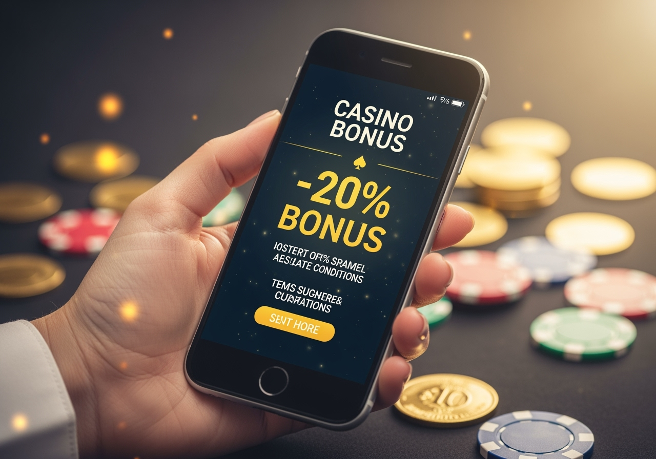 A hand holding a smartphone displaying a vibrant casino bonus offer with sparkling coins and poker chips subtly blurred in the background conveying excitement and opportunity The image should have a celebratory and inviting feel