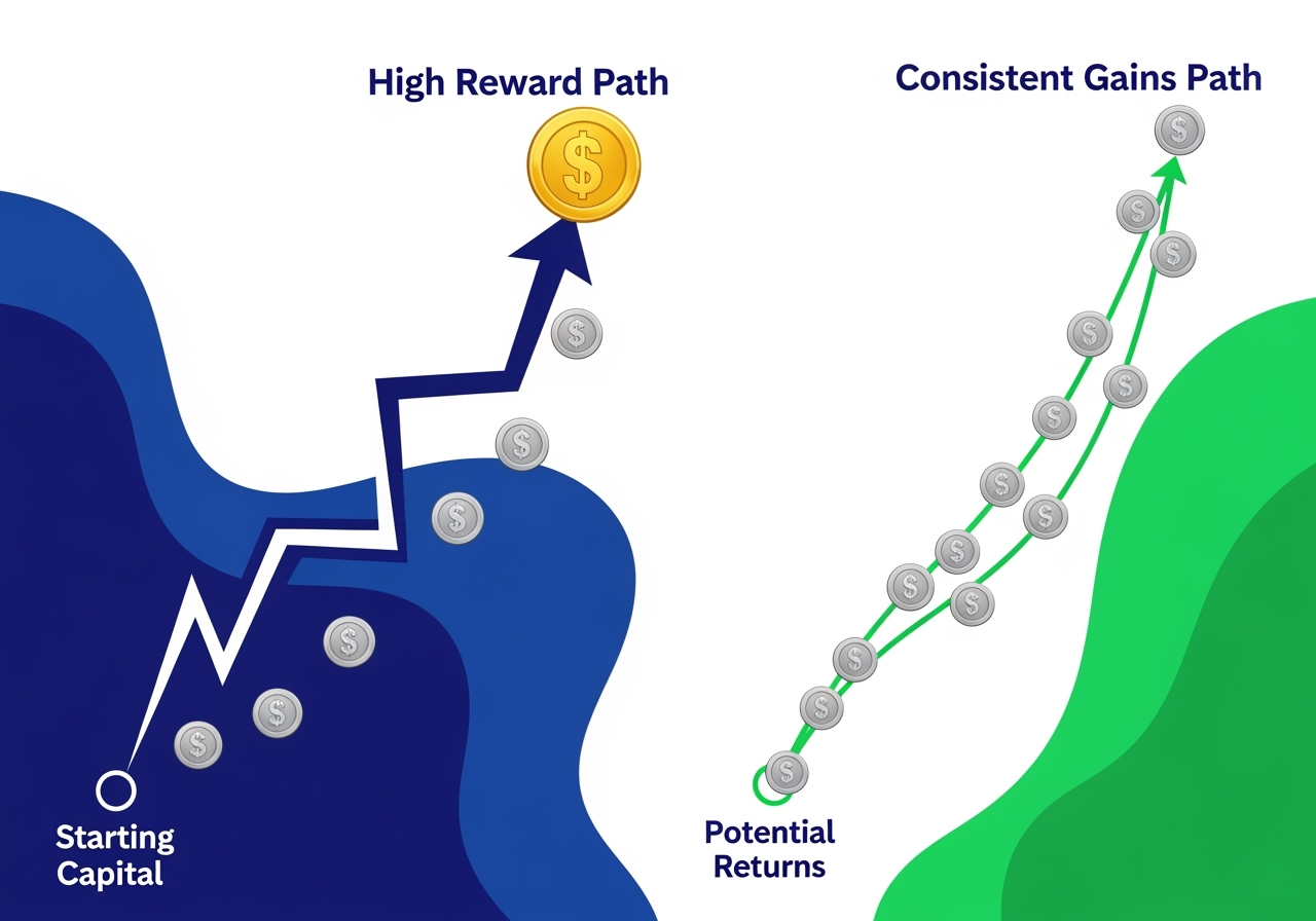 An illustrative graphic contrasting two financial paths one jagged steep upward curve labeled High Reward Path with a large gold coin at its peak and another smoother gently ascending curve labeled Consistent Gains Path with smaller frequent silver coins along its path Both paths start from a Starting Capital point and end at Potential Returns The high reward path shows larger gaps between rewards while the consistent gains path shows smaller more regular returns The background is clean and slightly abstract using vibrant colors like deep blue and bright green for clear distinction