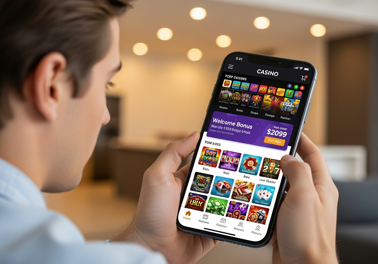 A vibrant clean mobile casino app dashboard displayed on a modern smartphone The screen shows various game categories like slots and live dealer with clear inviting icons and a prominent Welcome Bonus banner The phone is held by hands with a subtle blurred background of a cozy living room illuminated by warm inviting light