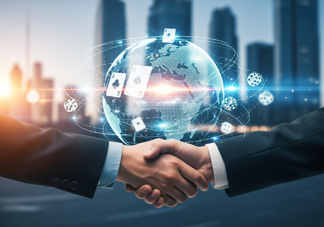 A professional vibrant image depicting the concept of a trusted online platform Imagine a secure digital globe with subtle integrated casino elements like playing card suits or dice surrounded by glowing data streams representing security and global connectivity In the foreground hands shake firmly symbolizing trust and reliability The background shows a modern slightly blurred cityscape at dawn suggesting a sophisticated and established brand The overall mood is positive and secure