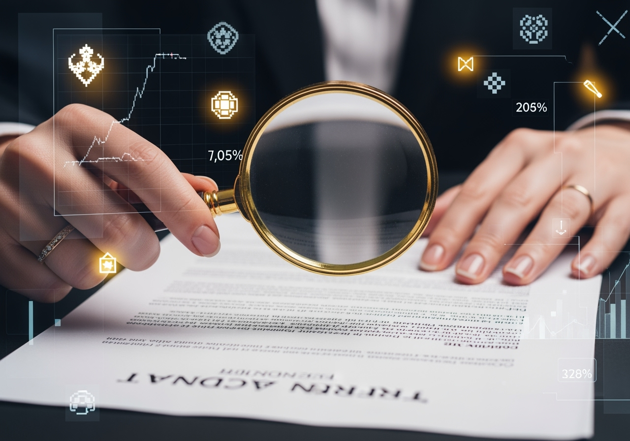 A professional looking hand holding a magnifying glass over a document displaying terms and conditions The text on the document is blurred but hints at numbers and percentages The background subtly shows a digital interface with game elements emphasizing transparency and careful review of terms
