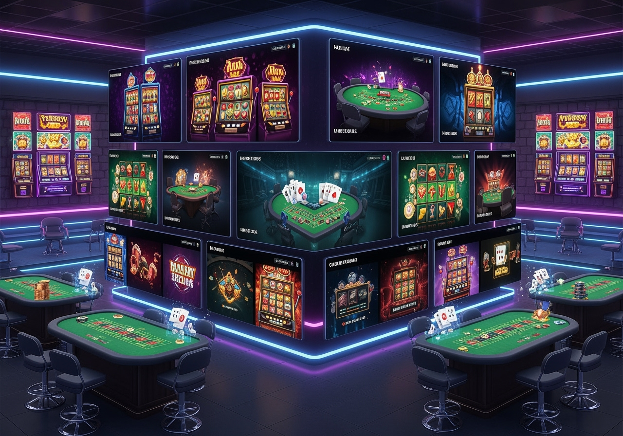 A vibrant and dynamic digital gaming environment displaying an array of popular slot machine icons card game tables and live dealer game thumbnails on large glowing screens The scene is futuristic and inviting with subtle animations showcasing game variety and excitement appealing to players seeking diverse online entertainment