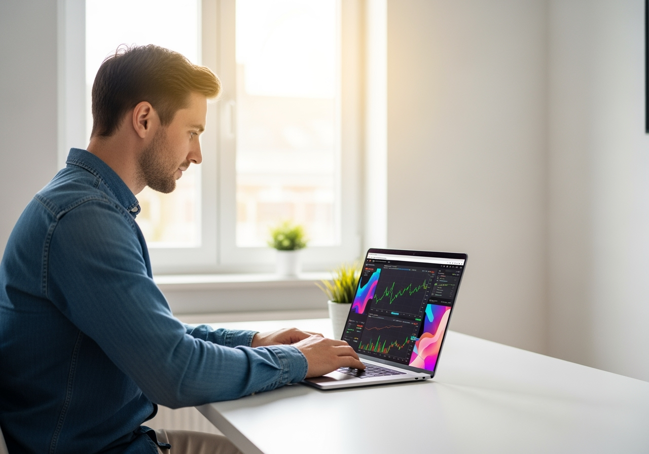 A focused German man in his early 30s in a modern minimalist home office analyzing sports betting data on a laptop The screen displays vibrant abstract charts with green lines indicating positive expected value Sunlight streams in creating a professional and optimistic atmosphere The man has a slight smile showing success
