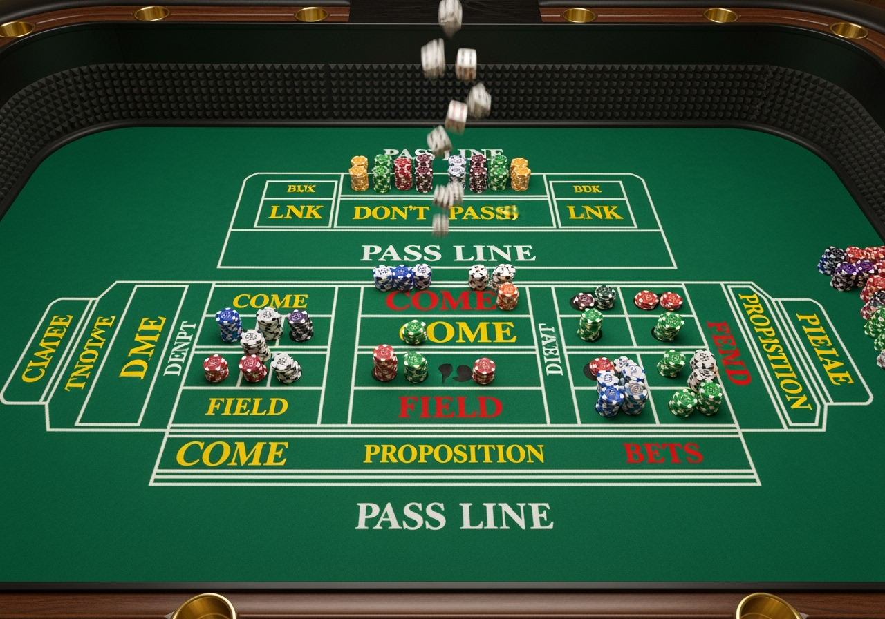 An overhead brightly lit view of a standard craps table meticulously laid out The table felt is vibrant green with clearly legible white and yellow markings for Pass Line Dont Pass Bar Come Field and various Proposition Bets sections Chips of different denominations are neatly stacked on the betting areas The dice are in midair above the table showing motion The overall scene is clean professional and inviting with a focus on the tables intricate details suitable for an informative guide