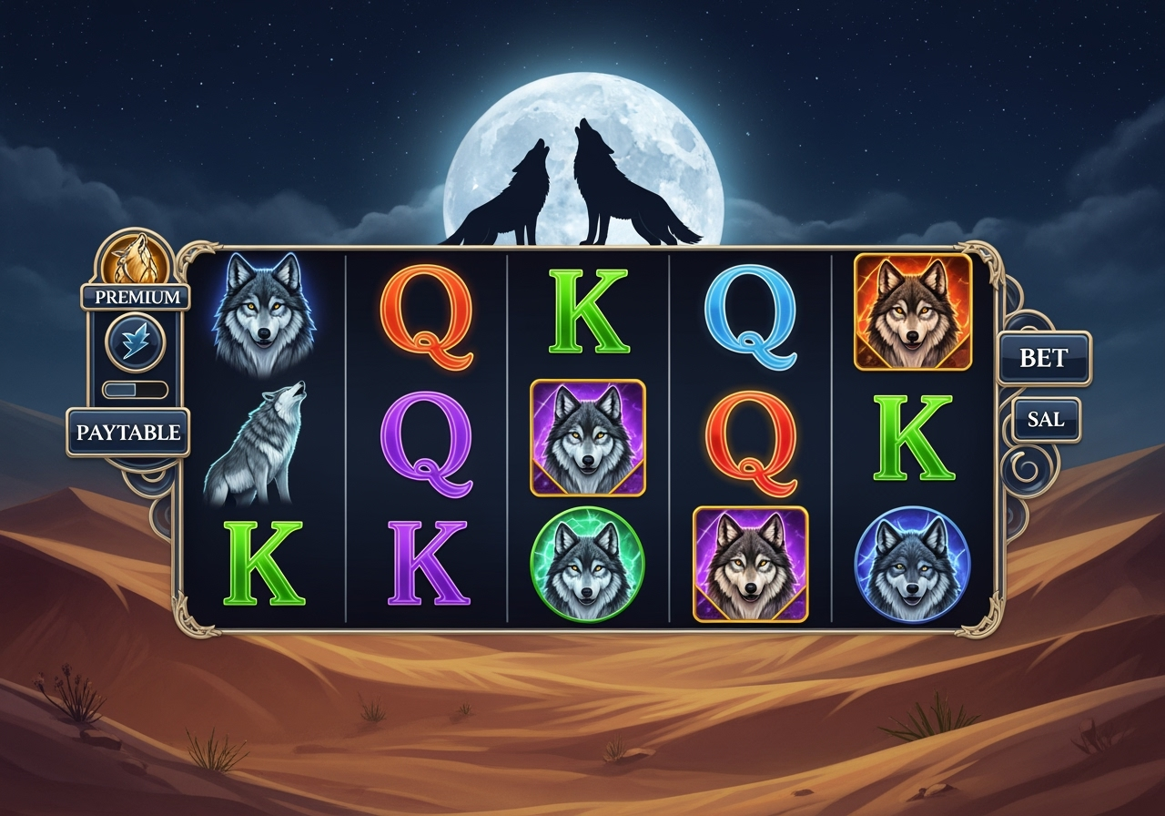 A dramatic desert nightscape behind a 5x3 slot reel, moonlit dunes and stylized wolves howling at the moon; stacked premium animal symbols glow with subtle parallax layers, crisp UI elements visible (paytable button, bet panel), cinematic yet inviting lighting