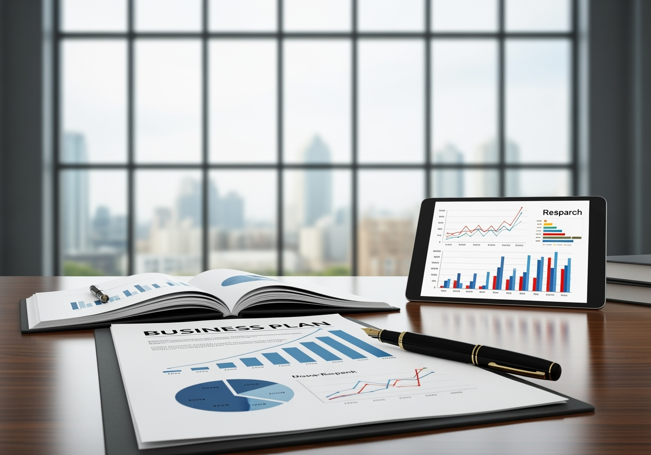 A brightly lit, modern office space with a large glass wall showing a blurred city view. In the foreground, a detailed business plan document is open on a sleek wooden desk, with charts showing upward trends. A sophisticated fountain pen rests on the document, and a tablet displaying colorful market research graphs sits nearby. The scene conveys professionalism, strategic planning, and potential for growth.