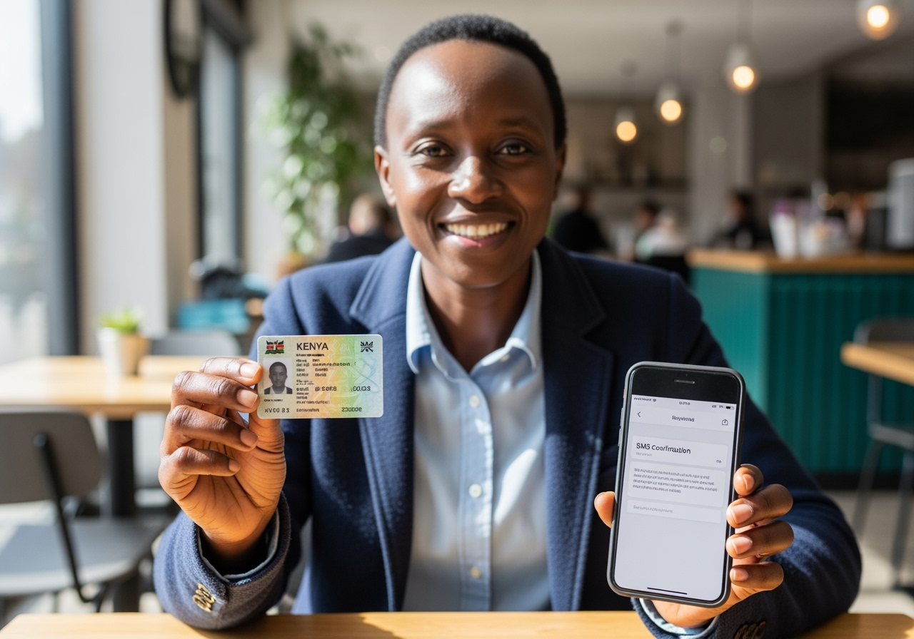 A smiling Kenyan adult seated at a bright, modern cafe holding a national ID card in one hand and a smartphone in the other showing a generic confirmation SMS. The scene feels positive and professional, natural light, casual clothing, clear focus on the ID and phone, tidy background with soft bokeh, diverse and trustworthy vibe