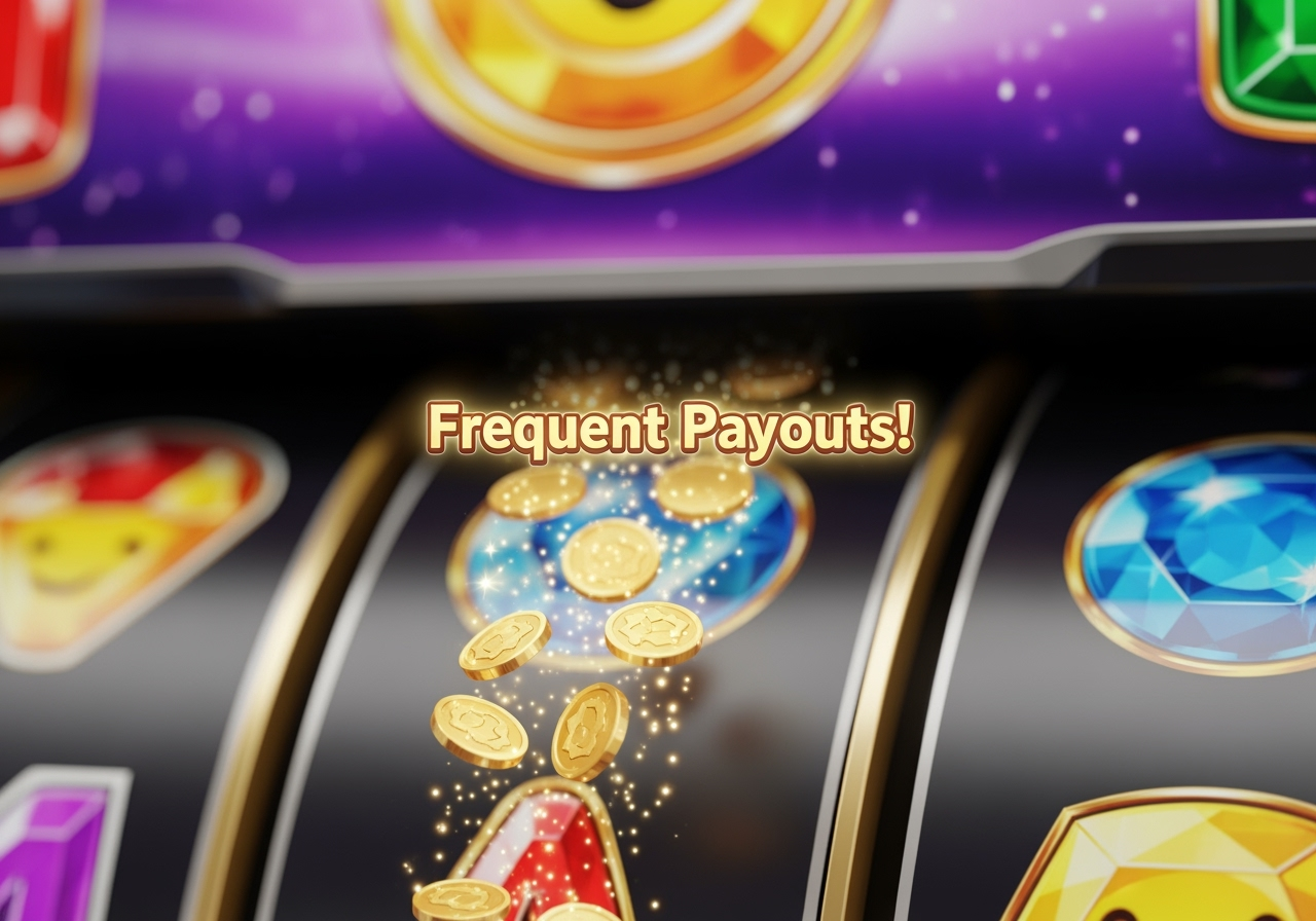 A closeup of a vibrant modern digital slot machine screen with a cheerful gembased theme A gentle but steady stream of small shimmering gold coins is trickling down from the reels illustrating a constant flow of wins The text Frequent Payouts is displayed in a friendly glowing font above the coins The background is softly blurred keeping the focus on the consistent winning action