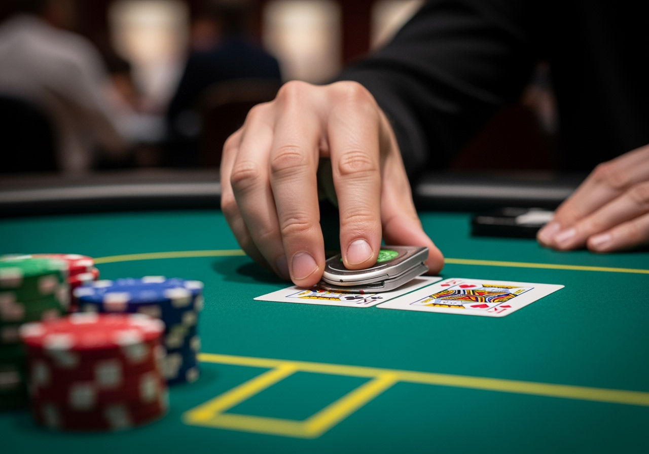 A closeup focused shot of a poker table from a players perspective The players hand is gently tapping the green felt surface signaling their turn to act or reveal their cards Two facedown playing cards are neatly tucked under their fingers and a small unique card protector sits on top In the foreground a stack of colorful poker chips is visible The background is softly blurred showing the ambience of a welllit professional poker tournament room The lighting is dramatic highlighting the texture of the felt and the details of the players hand