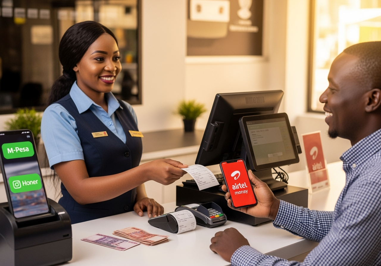 A cheerful Kenyan cashier at a modern betting cashier counter, handing a receipt to a smiling customer holding a smartphone showing M-Pesa and Airtel Money icons. Bright, clean shop interior with Kenyan shilling notes on the counter, warm natural light, positive and trustworthy atmosphere, no visible personal data or detailed app screens