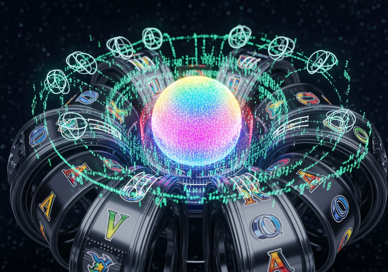 An abstract glowing representation of a Random Number Generator RNG at the core surrounded by stylized reels and paylines Lines of code flow around the central sphere connecting to symbols on the reels The scene is futuristic and digital with a secure trustworthy aura