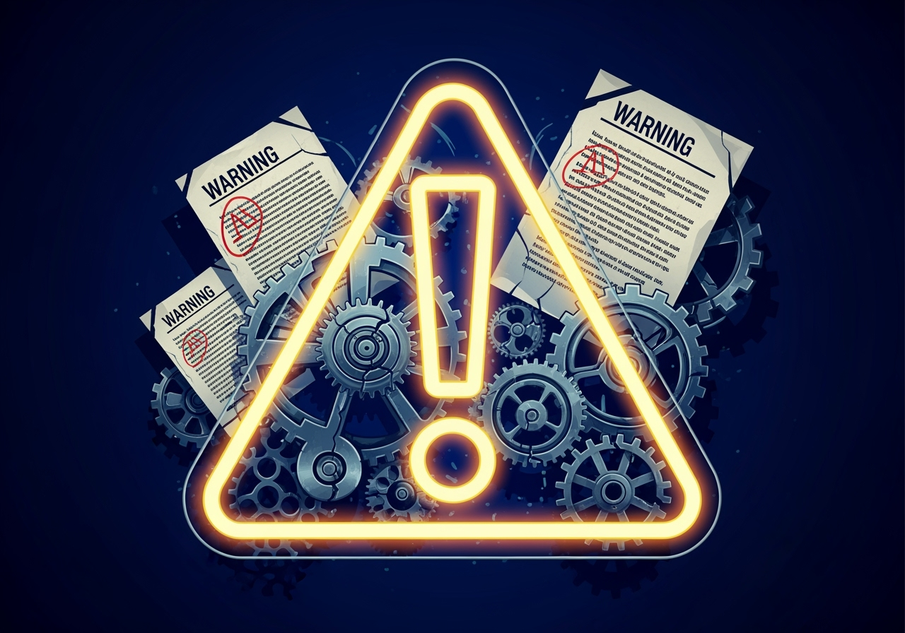A vibrant stylized warning sign with a large exclamation mark surrounded by gears and legal document snippets symbolizing complex regulations and potential risks The image has a serious informative tone with clear visual elements of rules and warnings