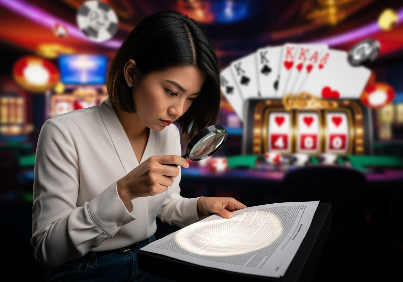 A person with a magnifying glass meticulously examining extremely small intricate text on a legal document with a backdrop of blurred casino elements like card symbols or slot reels emphasizing the fine print aspect of bonus terms The atmosphere should be slightly tense but also highlight clarity from careful reading