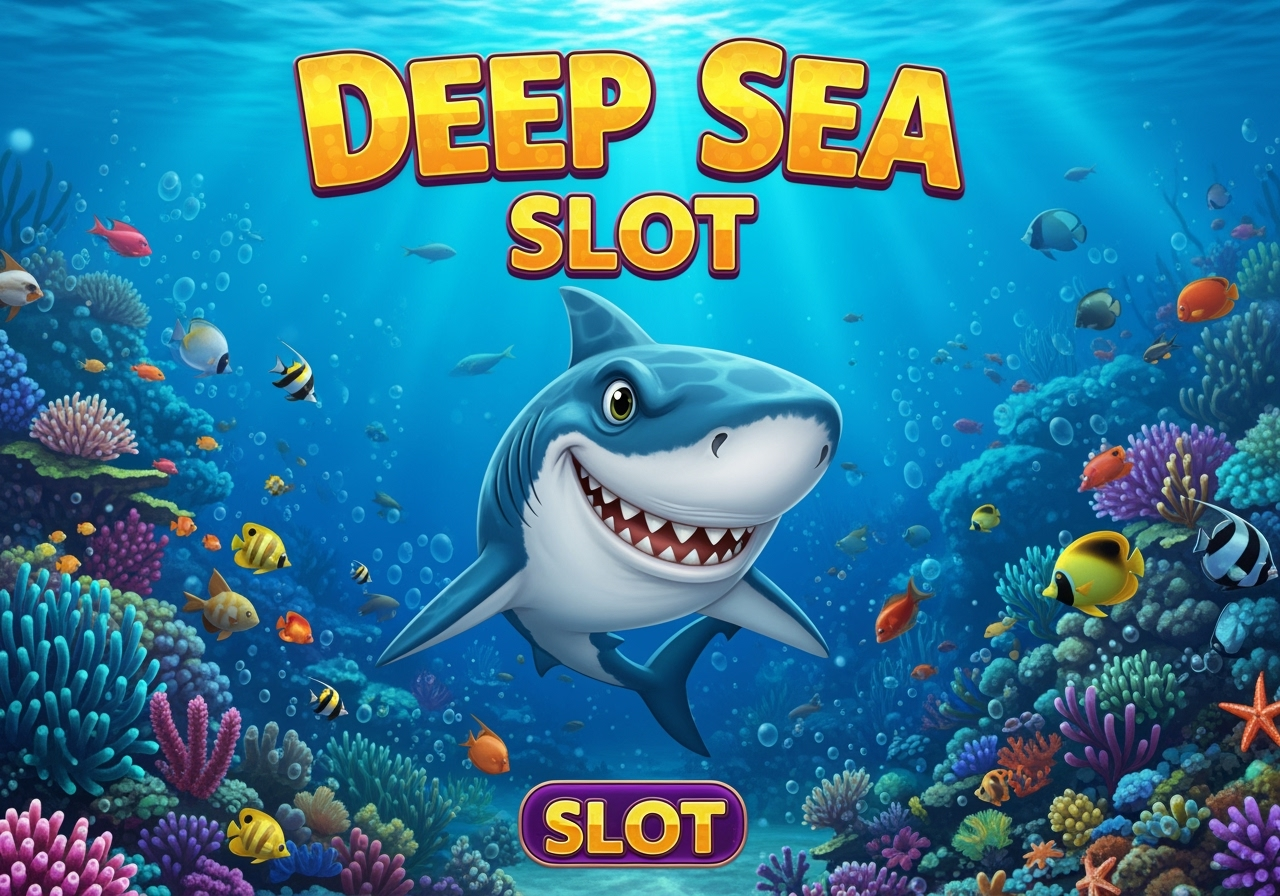 A vibrant and engaging splash screen for a deepsea themed slot game featuring a friendly yet powerful cartoon shark character prominently The background shows a clear bright deepsea environment with coral reefs and schools of small fish The game title is displayed clearly in a distinctive bubbly font