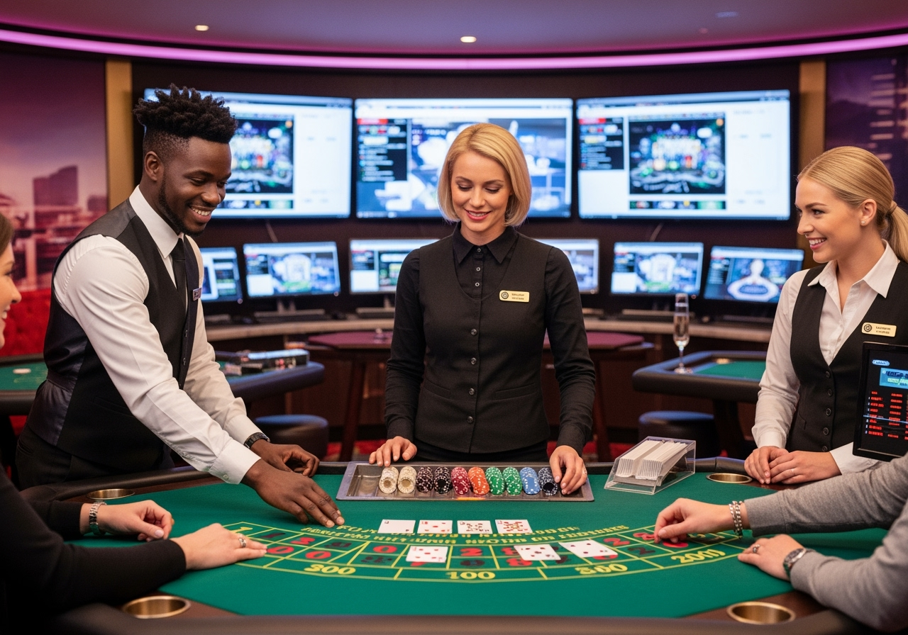 A vibrant welllit live casino studio with a diverse group of professional smiling dealers engaged with multiple gaming tables The tables feature classic games like blackjack and roulette with players hands visible interacting with cards and chips The background shows blurred screens of game interfaces conveying an active online gaming environment