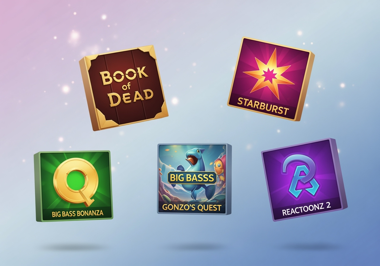 A bright, positive composition showing five stylized slot-reel symbols representing Book of Dead, Starburst, Big Bass Bonanza, Gonzo's Quest and Reactoonz 2 floating against a soft gradient background. Each symbol is distinct and colorful, labeled subtly with the game name in small, clear type. The scene feels modern and trustworthy, with soft lighting and a celebratory vibe, without showing any real-world casino UI or app screens