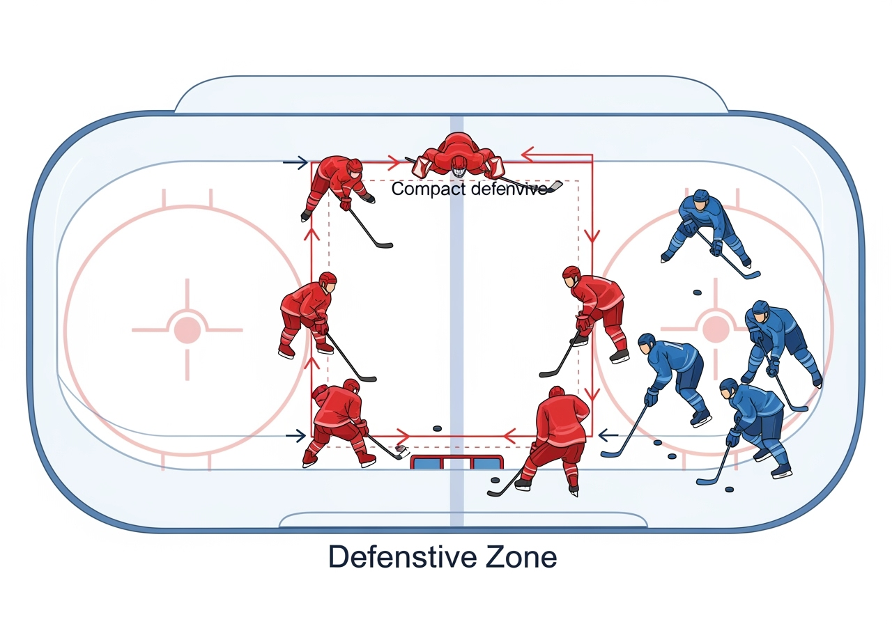 A clear overhead diagram illustrating a hockey rinks defensive zone with four players in a red uniform forming a tight box formation against five players in a blue uniform Arrows show the compact defensive positioning of the red team with subtle dashed lines indicating potential active press movement from the forwards The blue teams players are positioned in a typical offensive setup eg umbrella or 131 attempting to move the puck