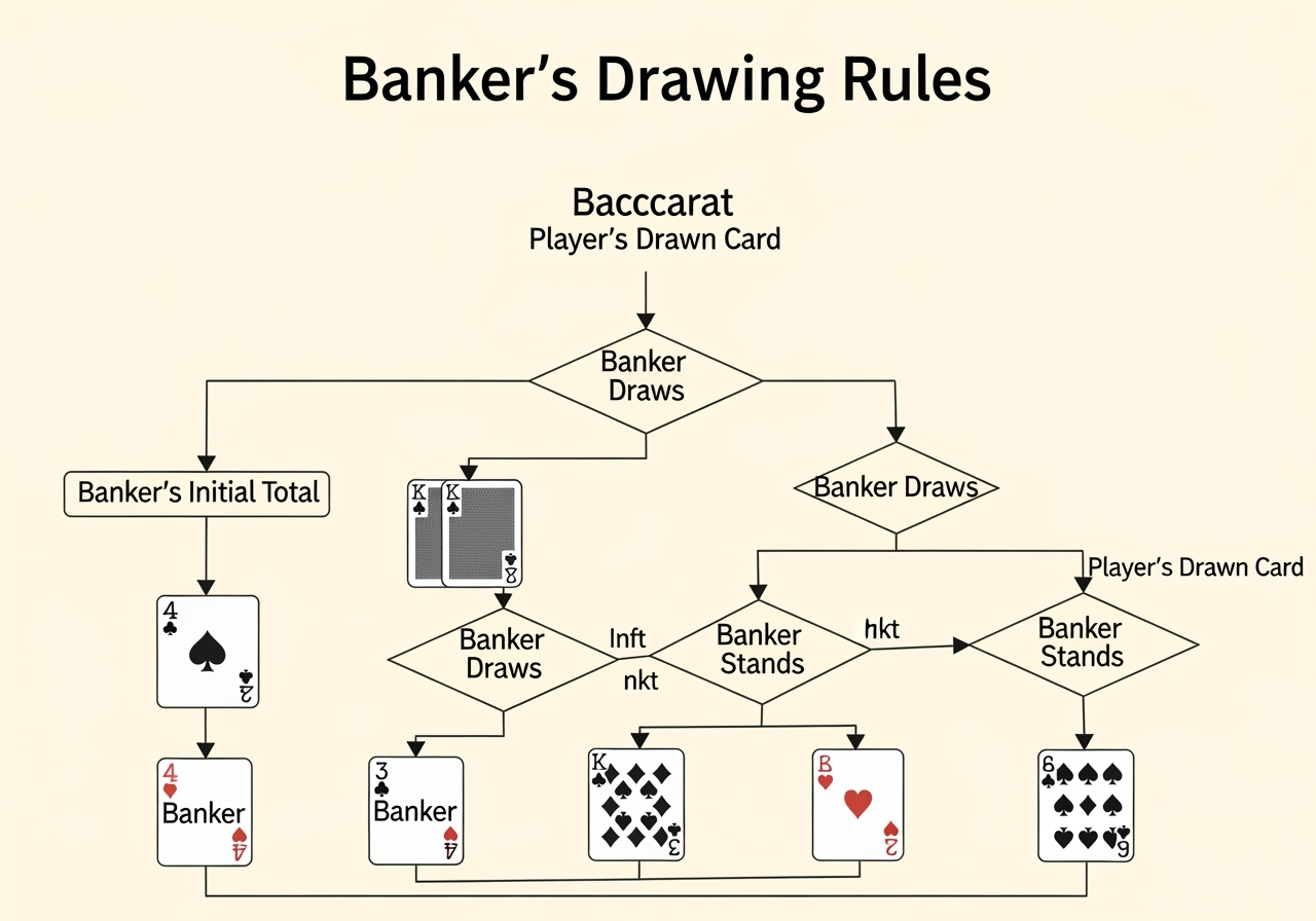 A clear easytoread comparison table or flowchart illustrating the Bankers drawing rules The table should have columns for Bankers Initial Total Players Drawn Card and Bankers Action clearly showing when the Banker draws or stands Design should be clean and professional focusing on clear data representation