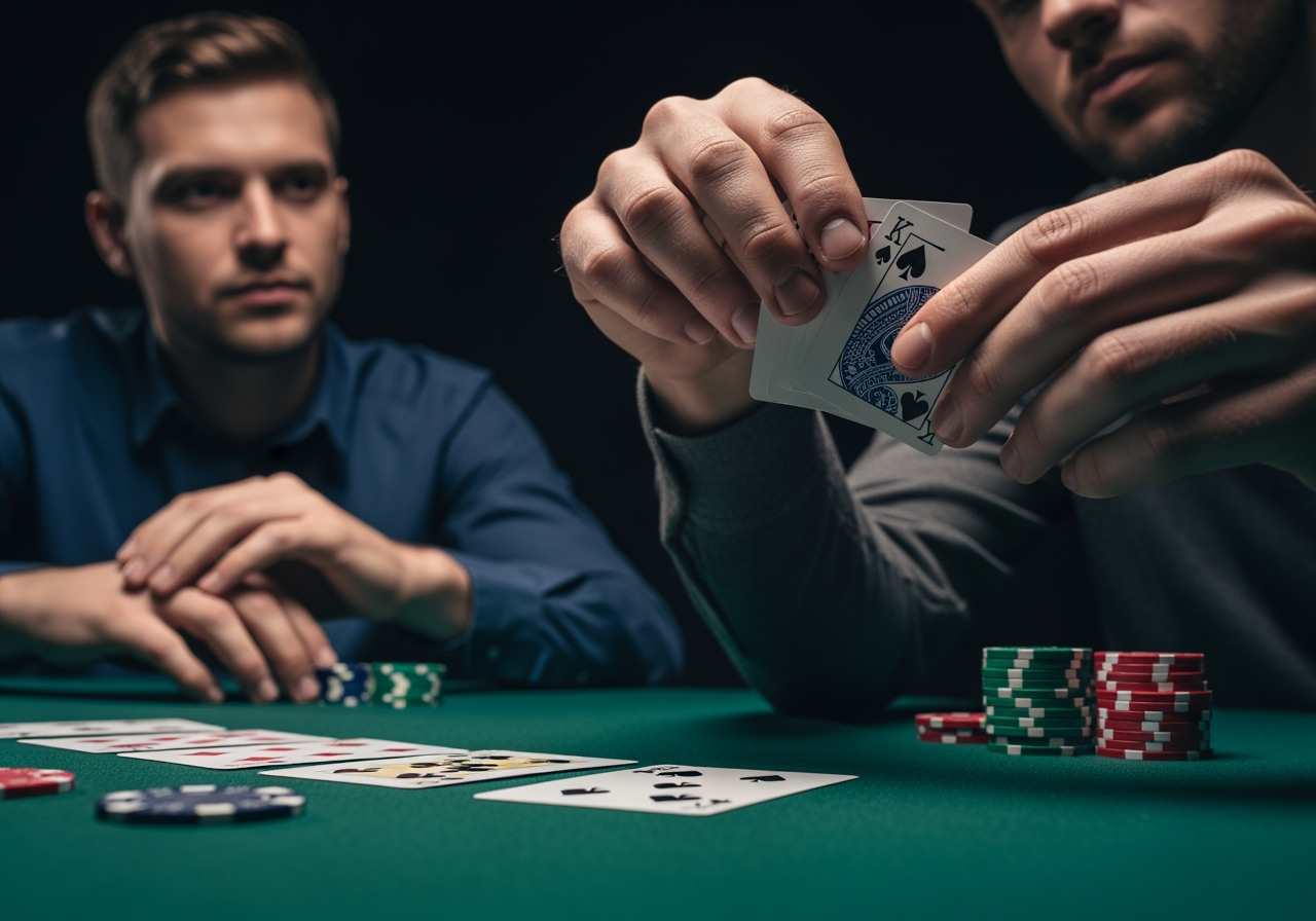A dramatic lowangle shot at a poker table focusing on a players hands The player is slowly almost theatrically turning over the final card of a royal flush The other player across the table looks on with a mix of anticipation and dawning dismay The lighting is moody highlighting the cards and the players expressions Poker chips are scattered on the green felt table