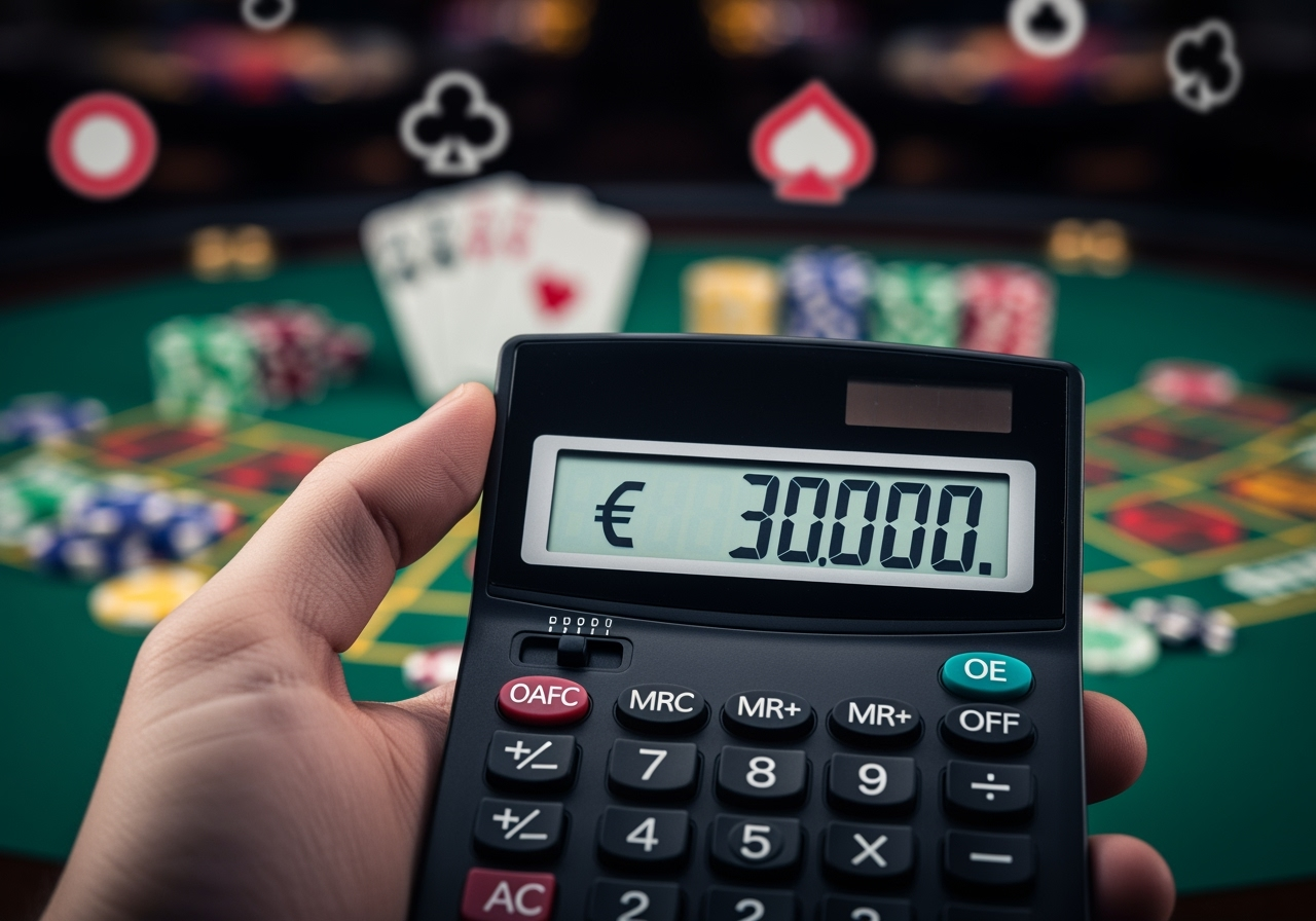 A closeup shot of a hand using a digital calculator with a bright screen displaying 3000 and a background showing abstract blurred casino elements like card symbols and spinning reels The overall tone is professional and focused on calculation