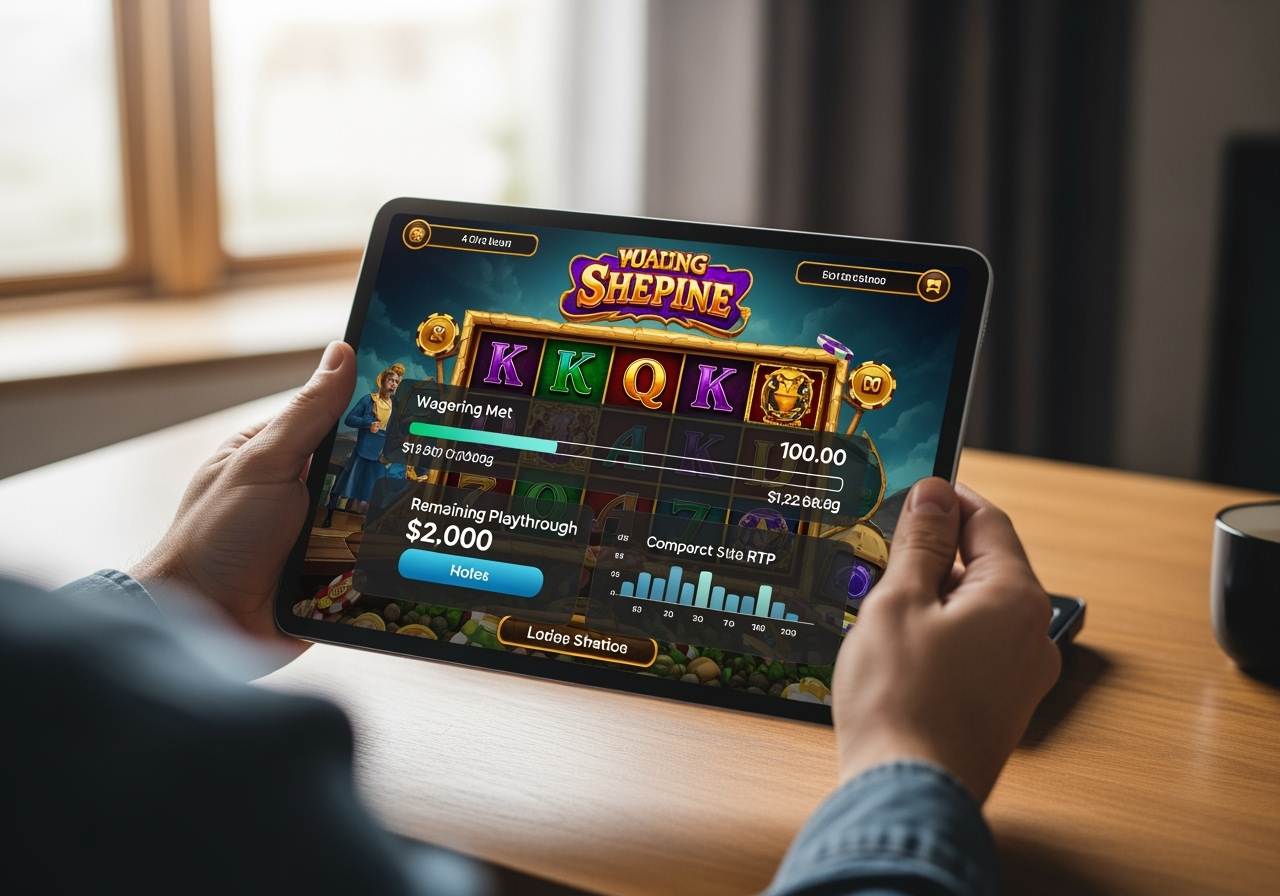 A persons hands holding a tablet where the screen displays a vibrant engaging online slot game Overlaid on the game is a transparent crisp infographic showing a clear progress bar for Wagering Met Remaining Playthrough and a small chart comparing game RTPs The setting is clean modern and focused implying strategic play Sunlight subtly illuminates the scene
