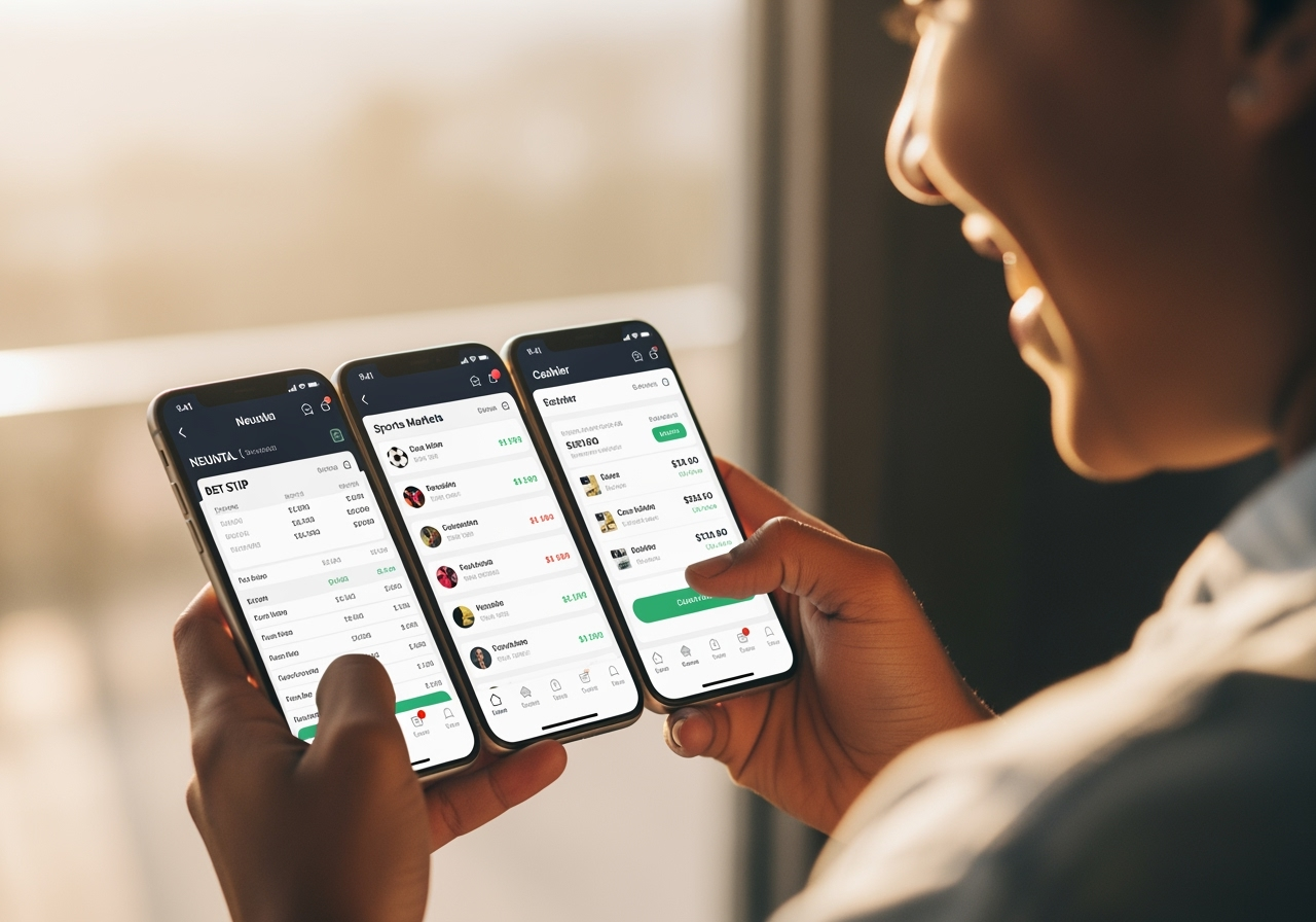 A clear, positive app UI walkthrough showing a mobile device held by a smiling user in warm Kenyan lighting; the phone screen displays a neutral bets slip, a market list and a cashier mockup with no personal data or real account details visible; illustrative, non-promotional, safe-for-work composition