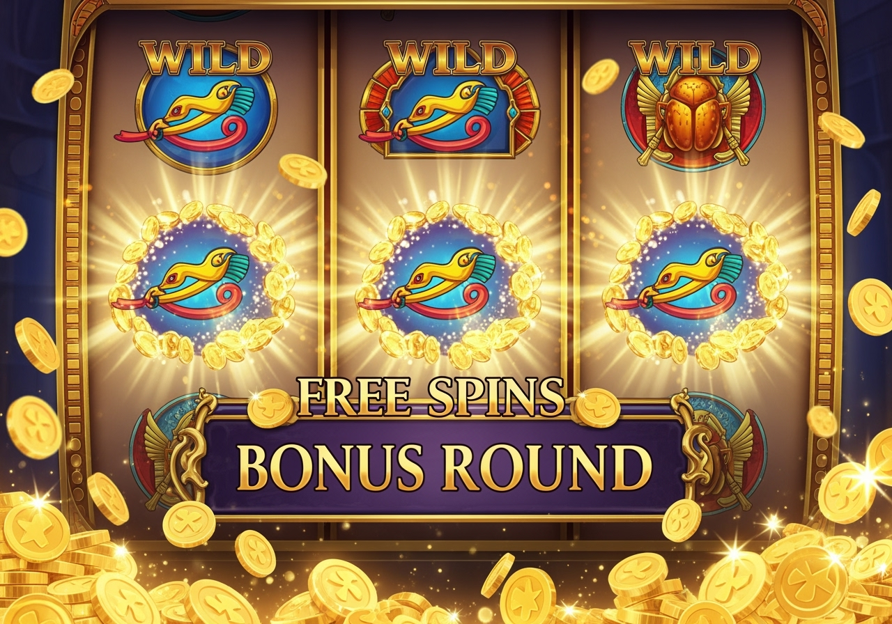 A vibrant stylized illustration of a slot machine screen in action The reels display multiple Horus Wild symbols expanding golden light emanating from them and scarab scatter symbols A prominent overlay indicates FREE SPINS or BONUS ROUND in a classic Egyptian font surrounded by sparkling gold coins The overall scene is dynamic and celebratory capturing the thrill of a big win within the bonus feature