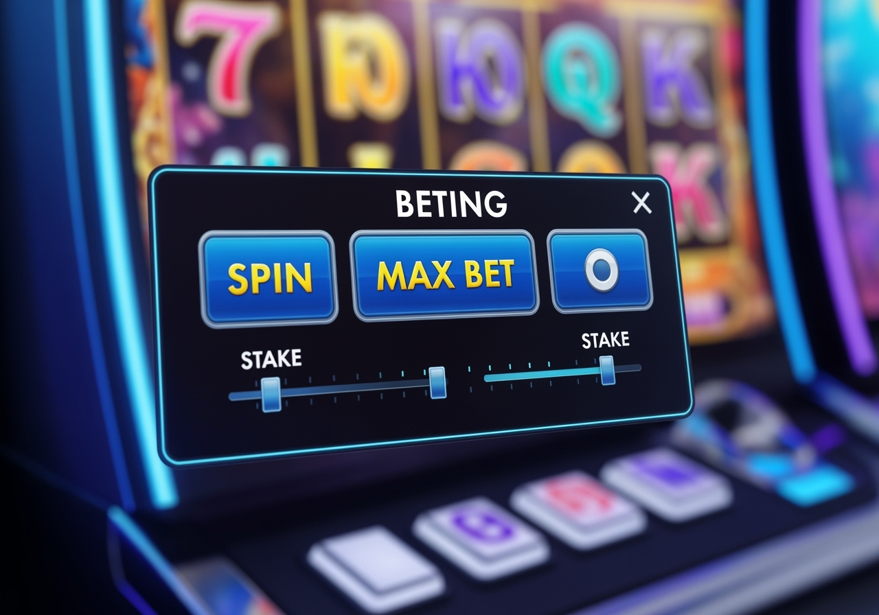 A closeup vibrant image of a generic online slot machines betting interface showing clear buttons for Spin Max Bet and adjustable Stake levels The interface is clean and modern set against a blurred background of an exciting deepsea themed slot game The colors are bright and inviting conveying a sense of fun and control There are no specific brand logos or text that identifies a particular casino The overall atmosphere is positive and userfriendly