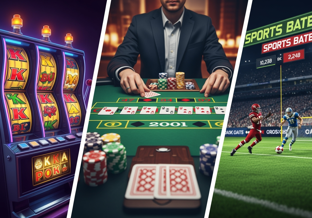 A vibrant composite image illustrating the diversity of internet gaming On the left a stylized slot machine displaying colorful reels In the center a digital poker table with cards and chips viewed from a players perspective On the right a graphical representation of a sports betting interface showing a football match with betting odds The overall scene should be clean and modern avoiding any specific brand logos with a focus on engaging gameplay elements