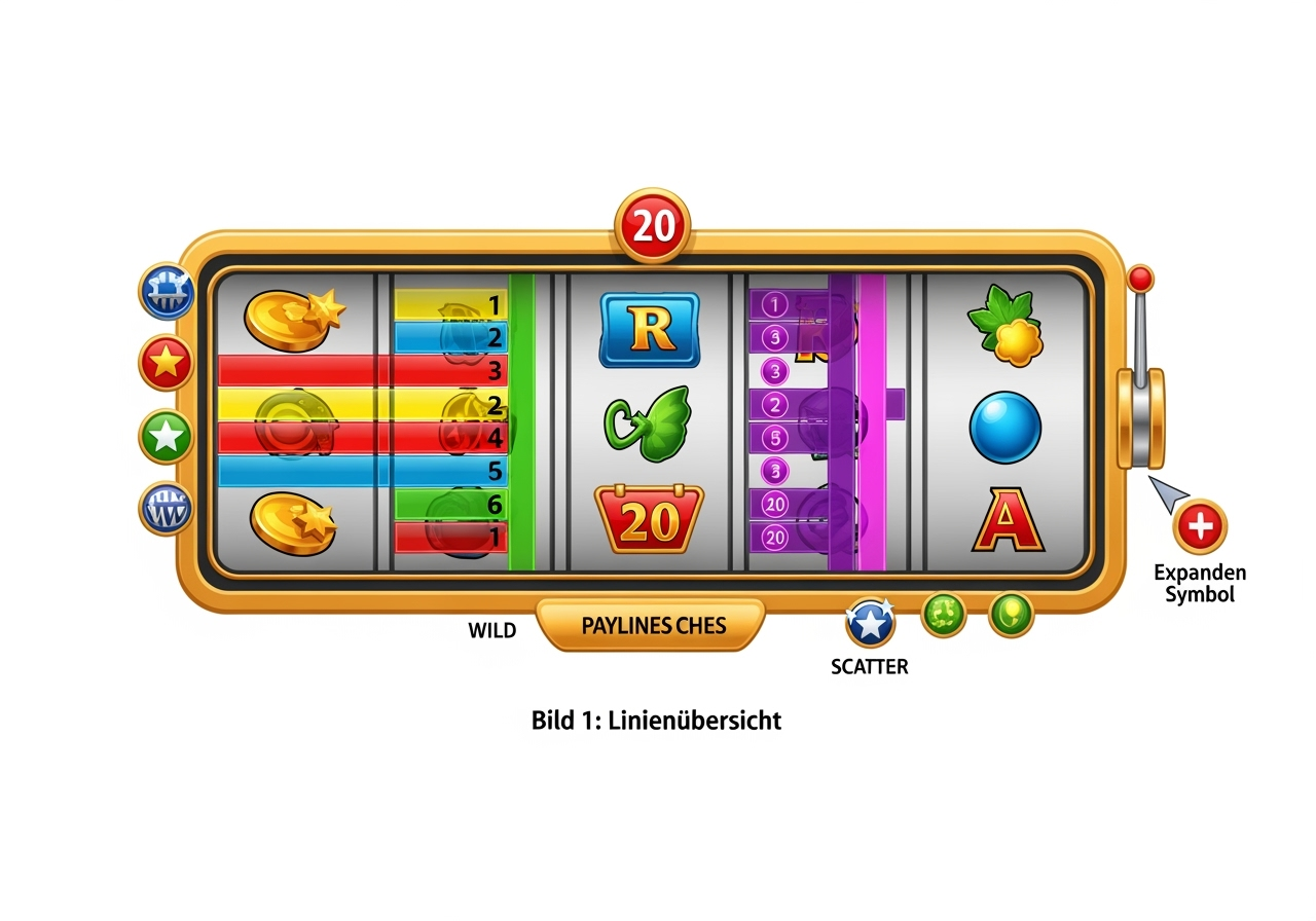 A clear, labeled diagram of a five-reel slot grid with three rows, showing multiple paylines highlighted in different colors and numbered 1 to 20; include icons and small labels for Wild, Scatter and Expanding Symbol; infographic style, high contrast, friendly and positive tone, include the German caption text exactly: "Bild 1: Linienübersicht" placed unobtrusively at the bottom