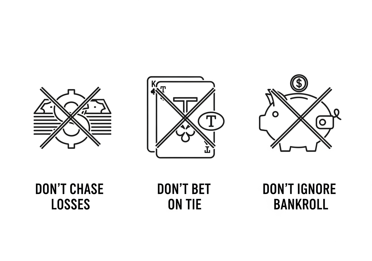 A simple graphic with three distinct icons The first icon is a crossedout dollar sign or stack of money representing Dont Chase Losses The second icon is a crossedout playing card with a T or Tie symbol representing Dont Bet on Tie The third icon is a crossedout piggy bank or wallet representing Dont Ignore Bankroll The style should be clean modern and universally understandable with a slightly negative or warning tone conveyed by the crossedout elements