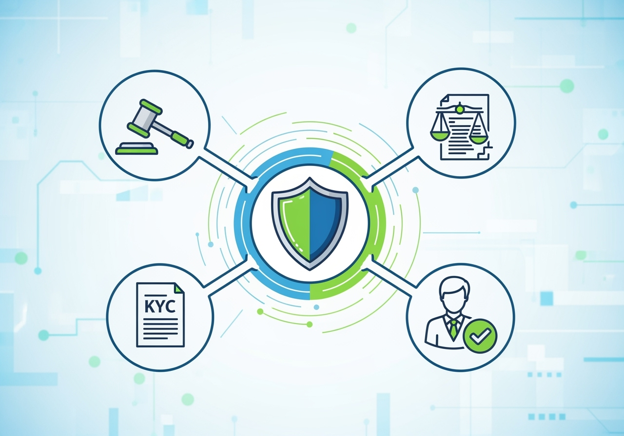 A stylized, modern graphic showing interconnected icons representing legal compliance in the digital space. A shield icon is at the center, representing security, connected to icons of a judge's gavel (law), a document (KYC), and a person with a checkmark (player protection). The background is a clean, bright, slightly abstract digital pattern in professional blue and green tones.