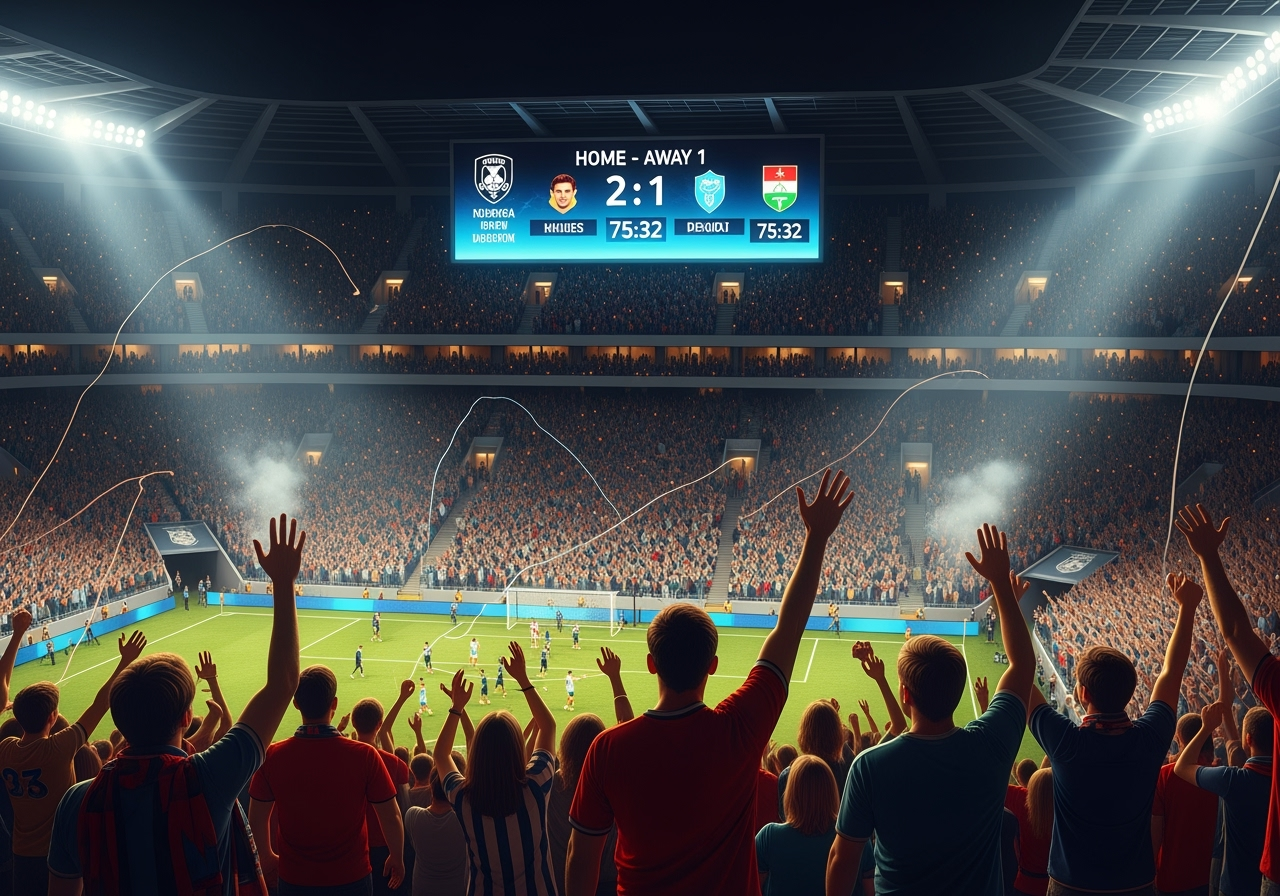 A vibrant stadium scene with diverse fans cheering energetically; a large digital scoreboard shows live match stats in the background, warm evening lighting, high detail, photorealistic, positive and dynamic atmosphere
