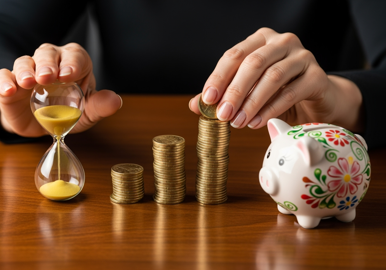 A closeup shot of a persons hands neatly stacking gold coins into small equal piles on a wooden desk Next to the stacks is a classic hourglass timer and a small wellkept piggy bank The scene is warmly lit conveying a sense of careful planning control and responsible financial management