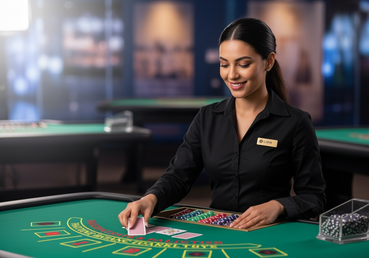 A professional live dealer with a friendly smile dealing cards at a blackjack table in a sleek modern gaming studio The background features other blurred live tables and bright inviting lighting emphasizing realtime play and highdefinition streaming