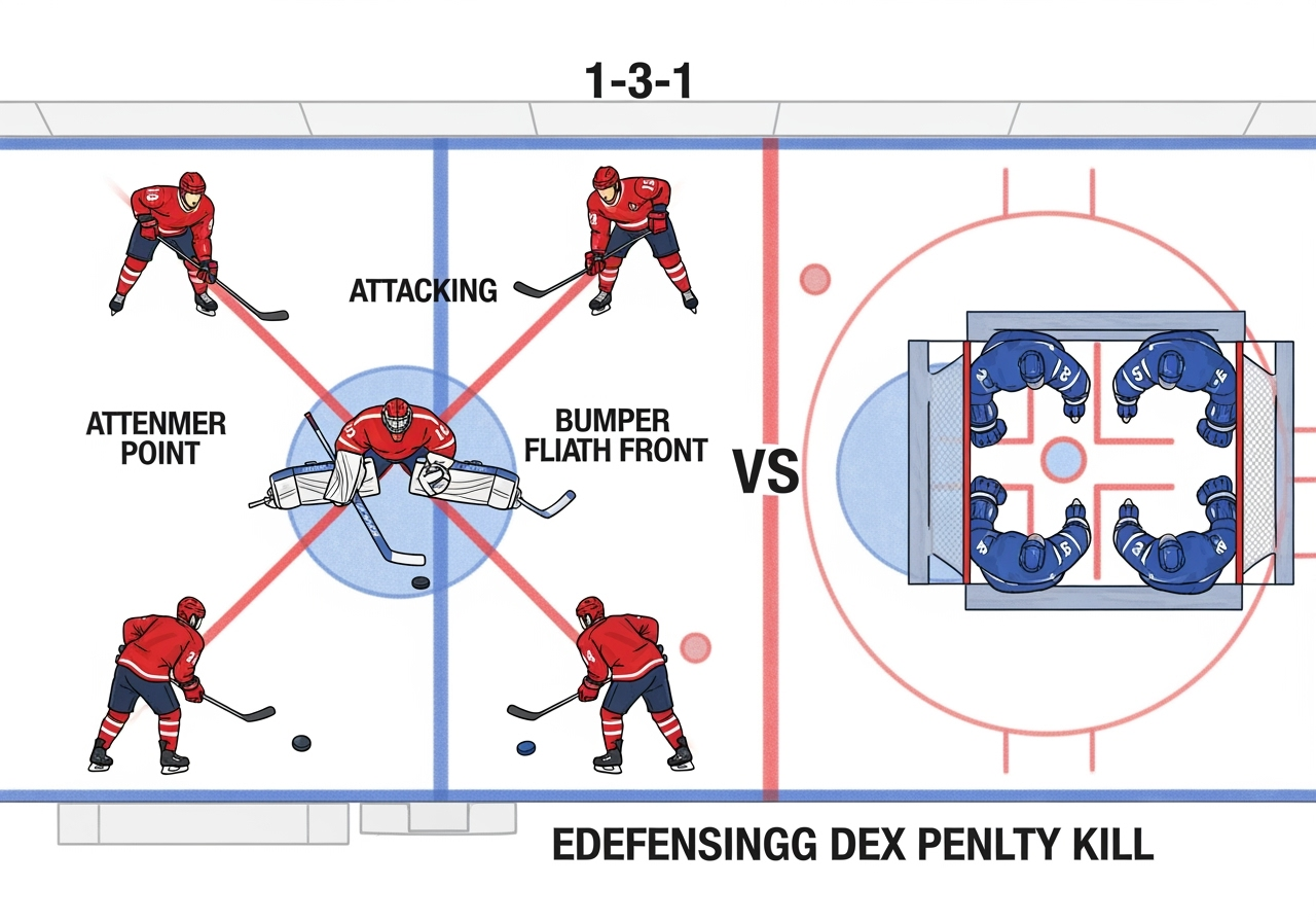 A strategic overhead diagram of an ice hockey rink showing five attacking players red jerseys in a 131 power play formation against four defending players blue jerseys in a box penalty kill The red players are positioned with one at the point three across the high slot one central bumper and two flankers and one at the net front Blue players are tightly grouped in a defensive box The puck is shown near the bumper player The image is clean professional and uses clear lines and player markers