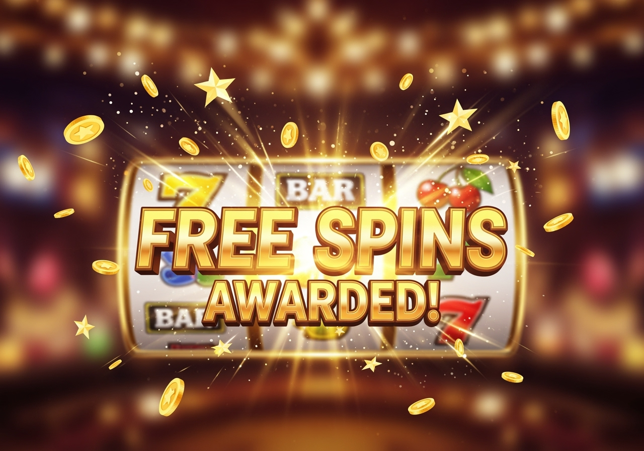 A vibrant celebratory illustration showing a Free Spins Awarded message prominently displayed on a stylized slot machine screen Golden coins and glittering stars burst around the message conveying excitement and good fortune The background is slightly blurred with other game elements emphasizing the bonus feature The overall mood is joyful and victorious
