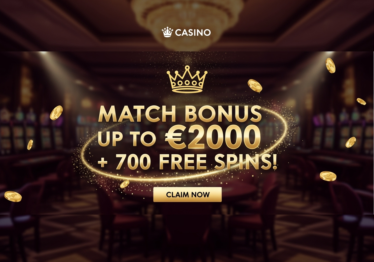 A vibrant casino bonus banner designed for a generic online casino displaying an offer of Match Bonus up to 2000  700 Free Spins with bold exciting typography and sparkling gold coins The banner is clean and clearly highlights the main promotional details against a dark background without showing complex UI elements