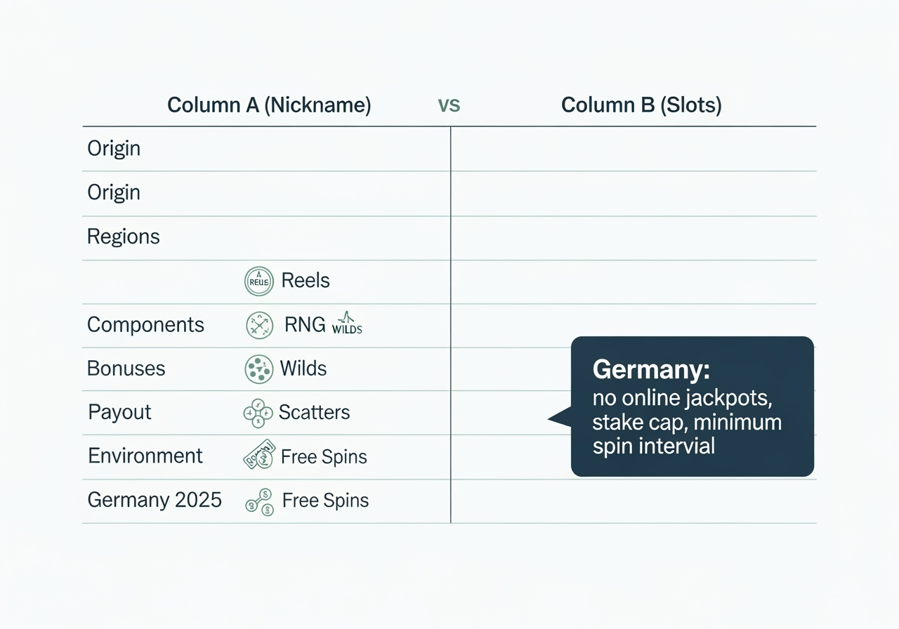 Clean infographic with two-column comparison: column A (nickname) vs column B (slots); rows labeled Origin, Regions, Components, Bonuses, Payout, Environment, Germany 2025; icons for reels, RNG, wilds, scatters, free spins; a callout box: “Germany: no online jackpots, stake cap, minimum spin interval”; minimalist blue-green palette, professional style, high-resolution