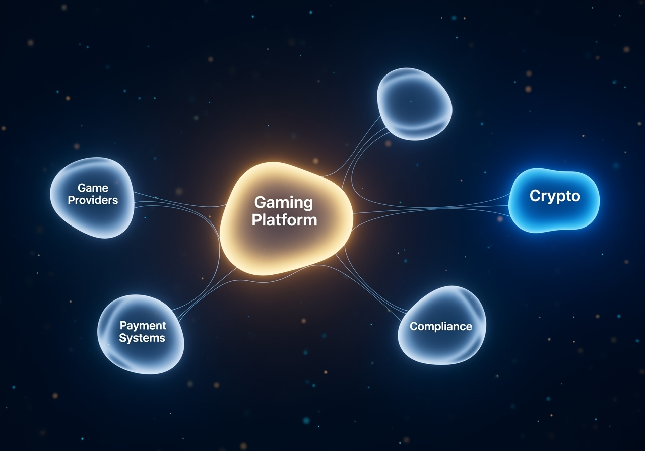 An abstract, sophisticated 3D visualization showing interconnected, glowing nodes. One central node labeled 'Gaming Platform' connects to smaller nodes representing 'Game Providers,' 'Payment Systems,' and 'Compliance.' A distinct, bright blue node labeled 'Crypto' is prominently featured, symbolizing innovation. The background is a clean, dark blue, creating a high-tech, professional atmosphere.