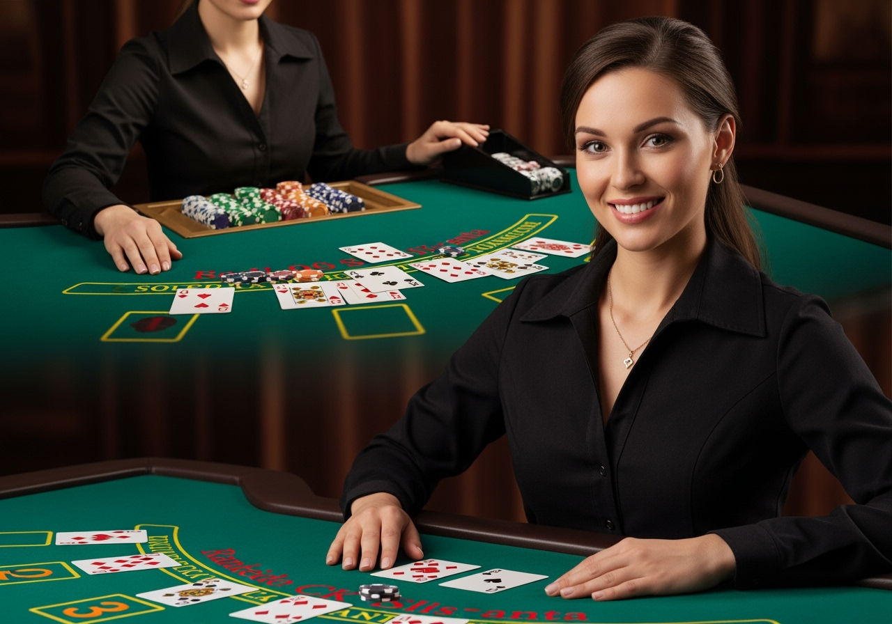 A welldressed friendly live casino dealer smiling and looking towards the camera with a vibrant and realistic casino table eg blackjack or roulette in the background The scene is brightly lit showcasing highdefinition streaming quality with elements that suggest an engaging online experience Focus on professionalism and fun