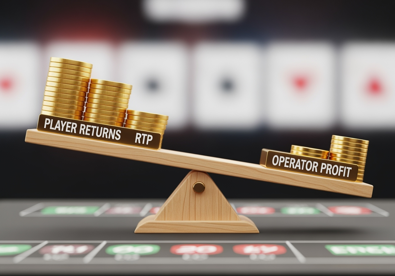 A detailed graphic illustrating a classic wooden seesaw On one side a stack of golden coins or chips labeled Player Returns or RTP balances against a smaller stack on the other side labeled Operator Profit or House Edge The Player Returns side is slightly heavier representing a higher RTP percentage while the Operator Profit side is slightly lighter emphasizing the smaller but consistent advantage The background is clean and slightly blurred suggesting a digital interface or a stylized gaming floor with a focus on clear legible text on the weights The overall feel should be professional and informative with a clear visual representation of the inverse relationship
